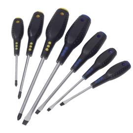 Csavarhúzó készlet 7db, CrV, lapos 5x75, 5x100, 6x125, 8x150, kereszt PH1x75, PH2x100, PH3x150
